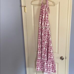 Chic Pink and White Patterned Halter Maxi Dress